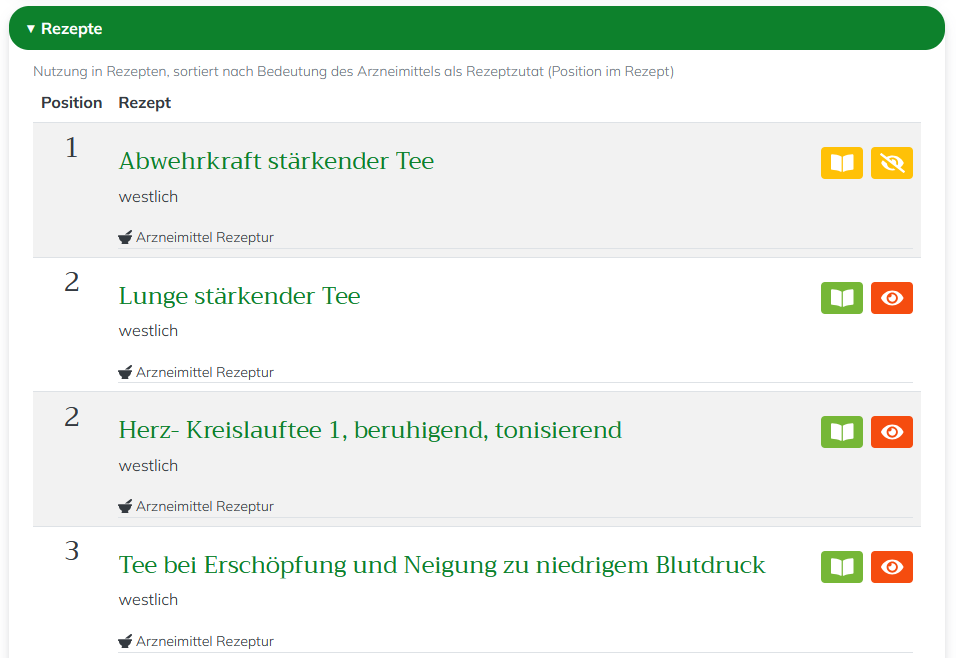 TCMbase Hilfe - Detailansicht eines Eintrags - Verwendung in Rezepten
