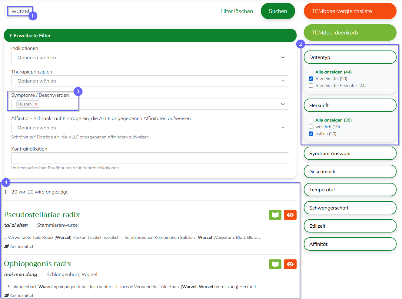 TCMbase Suche mit Facetten Einschränkung auf einen Datentyp und Herkunft